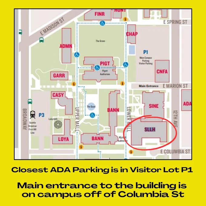 map of SU campus showing the building circled on the corner of 12th and the Columbia st culdesac. 

Closest ADA Parking is in Visitor Lot P1. Main entrance to the building is on campus off of Columbia St. 