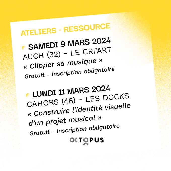 Octopus vous accompagne dans l'organisation d'ateliers d'information-ressource sur les musiques actuelles. 
Plus d'infos : https://federation-octopus.org/linformation-ressource/les-actions-de-la-ressource/