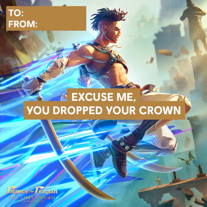 The Prince of Persia: The Lost Crown main Artwork with a man jumping with two sabers and text saying: Excuse me, you dropped your crown