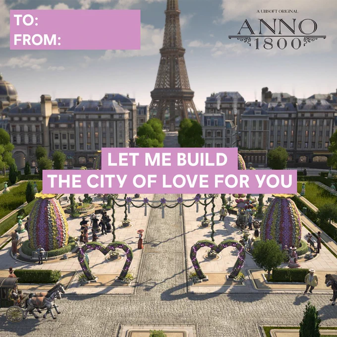 A build in Anno 1800 with the Eifeltower in the center and text saying: Let me build the city of love for you
