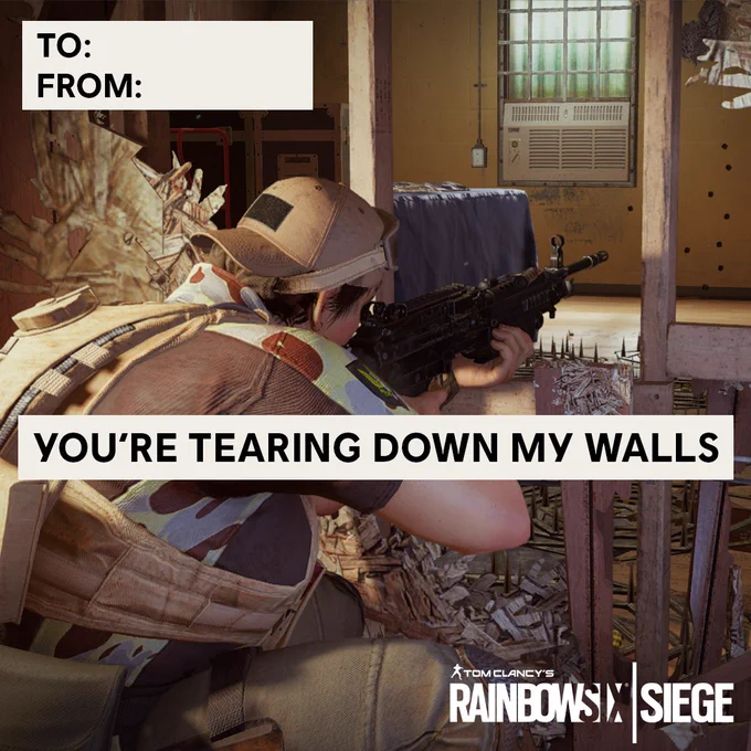 A Rainbow Six Siege Operator in front of a destroyed wall and text saying: You're tearing down my walls
