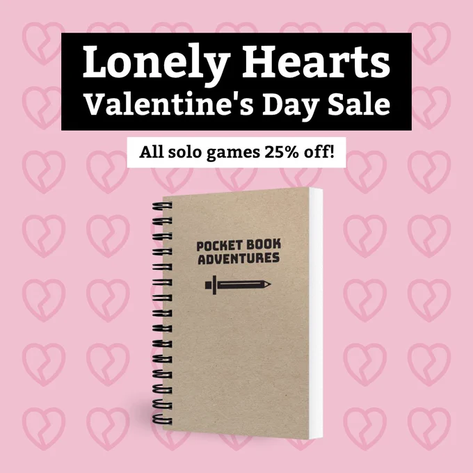 Pocket Book Adventures shown on a pink background with watermark broken hearts. Text above the game reads, "Lonely Hearts Valentine's Day Sale. All solo games 25% off."