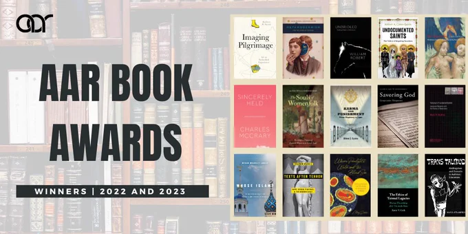 15 book covers against a backdrop of a bookshelf representing the winning titles of AAR's 2022 and 2023 book awards