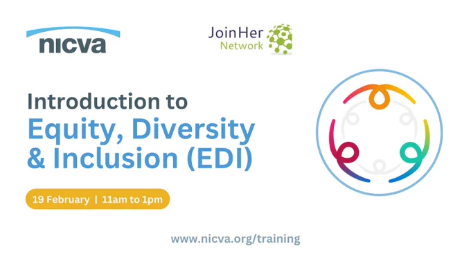 Graphic with text that reads: Introduction to Equity, Diversity and Inclusion (EDI) - 19 February 2024 - 11:00am to 1:00pm.