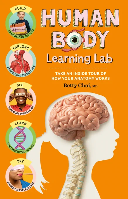 Book cover image is orange with a white profile of a child containing a brain and a spine. smaller pictures on the left illustrate learning about the body and senses.