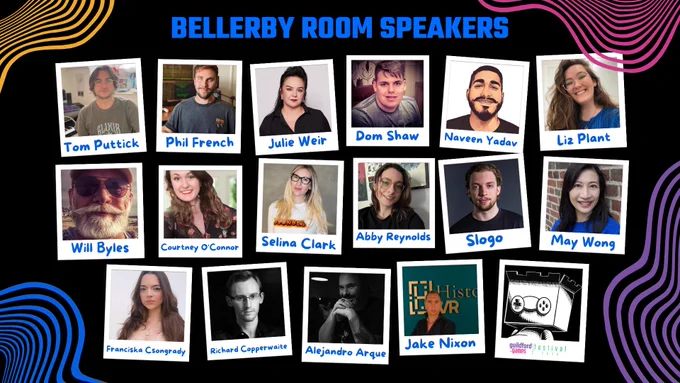 Bellerby Room Speakers: polaroid style photos of the speakers and panellists featuring in the Bellerby Room at the Guildford.Games Festival