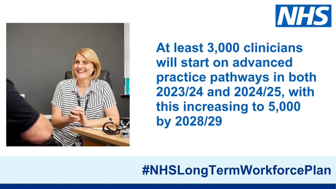 At least 3,000 clinicians will start on advanced practice pathways in both 2023/24 and 2024/25, with this increasing to 5,000 by 2028/29 #NHSLongTermWorkforcePlan