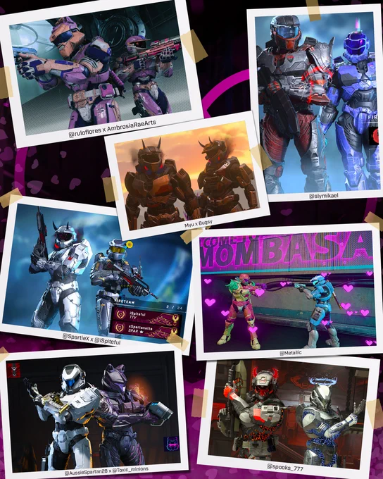 Image of seven screenshots with each screenshot showcasing two players posing