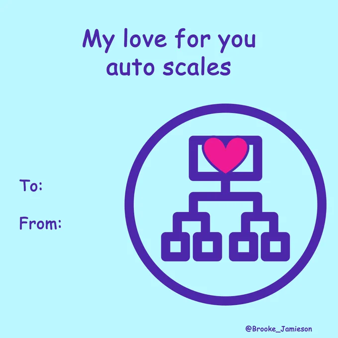 Valentine's Card with the text "My love for you auto scales" with an application load balancing icon and a little heart