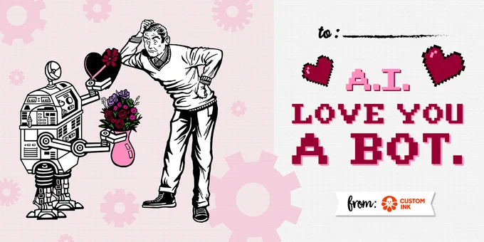 A robot hands a man flowers and a box of chocolates. The man looks confused. Text reads "A.I. Love You A Bot."