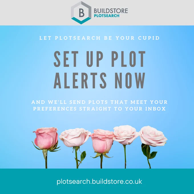 Header and Footer for Buildstore PlotSearch. Light blue background with picture of a row of roses. Text reads 'Let PlotSearch be your cupid - SET UP PLOT ALERTS NOW - and we'll send plots that meet your preferences straight to your inbox'.