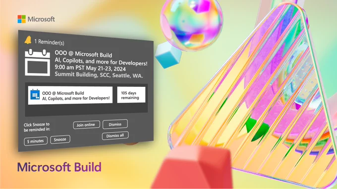 Outlook calendar invite on Microsoft Build-themed background.