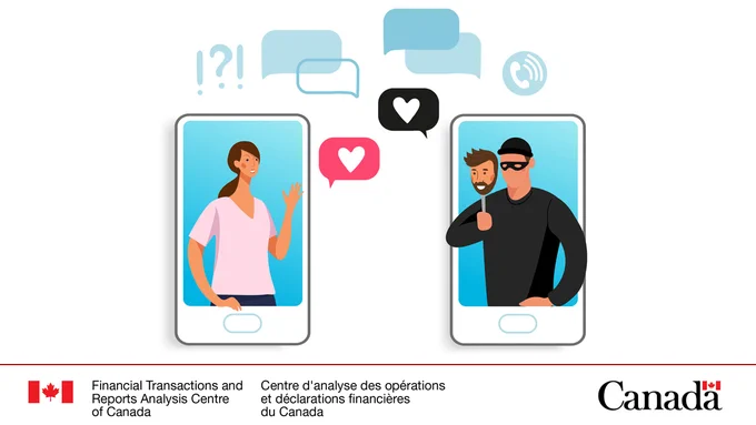 2 cell phones, the one on the left has an image of a woman and the one on the right has an image of a man with a mask, exchanging hearts.