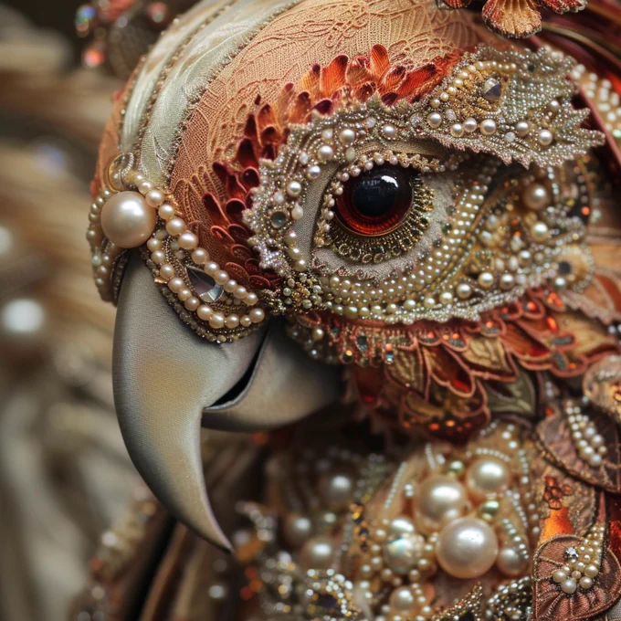 An exquisite close-up of a parrot exquisitely adorned with jewels, pearls, and intricate lace, embodying the spirit of carnival in its ornate details. Its eye, a deep well of wisdom, gazes back with piercing clarity, surrounded by a tapestry of textures that bring to life the opulence of a masquerade. This image, crafted with the precision of AI artistry, invites us into a celebration of nature’s beauty enhanced by human creativity. Each bead and thread is a testament to the elaborate artistry that turns the ordinary into the extraordinary, making the carnival’s vibrant soul tangible in this frozen moment. #CarnivalArt #JeweledParrot #ArtisticPhotography #AIartCommunity #OpulentNature #PearlEmbellished #LaceArt #MasqueradeMagic #CreativeExcellence #Craftsmanship
