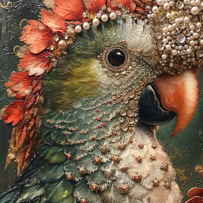 Close-up of a parrot adorned with a lavish collage of jewels, pearls, and lace, an embodiment of nature’s palette enhanced by human artistry. The bird’s feathers are intricately detailed with a spectrum of greens and reds, accented with sparkling stones and delicate beads, creating a luxurious texture. Its eye, deep and soulful, reflects a sense of awareness and poise, juxtaposed against the ornate decorations. This image, a fusion of wildlife and opulent design, is a masterpiece of AI-generated art, celebrating the convergence of the natural world and artistic embellishment. #AIart #JeweledParrot #ArtisticNature #PearlEmbellishment #LaceArtwork #NatureArt #DigitalCraftsmanship #ArtCommunity #HashtagArt #CreativityUnleashed