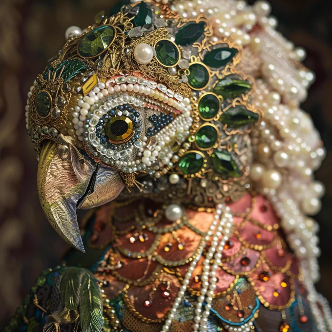 An intricately adorned parrot, its plumage a luxurious tapestry of emerald jewels, delicate pearls, and golden lace, captures the essence of opulence. This close-up reveals the meticulous detail and craftsmanship of the bejeweled creature, each pearl and gem reflecting the light, creating a radiant spectacle of brilliance. The eye of the parrot, rendered with striking realism, holds the depth of the wild, contrasting with the man-made splendor that envelops it. This image is a testament to the artistry possible in the realm of AI, where the boundaries of creativity are endlessly expanded. #AIart #JeweledParrot #PearlArt #LaceDetail #Craftsmanship #OpulentArt #LuxuryDesign #ArtificialCreativity #BeadedBird