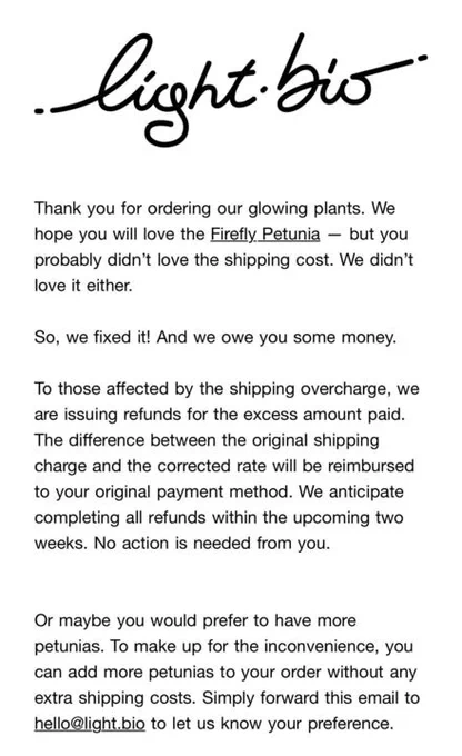 Email from light.bio refunding original shipping costs