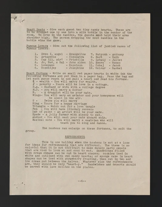 Suggestions for a Valentine Party, full page of text, to read a full transcript, go to the link provided in this post and find the transcript