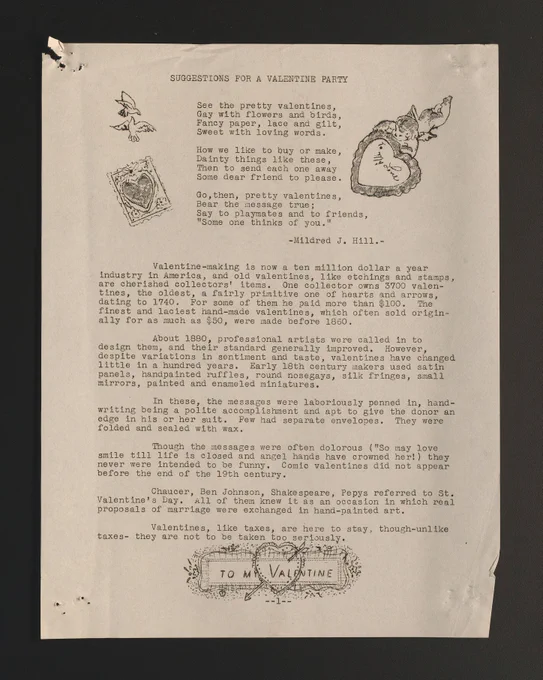 Suggestions for a Valentine Party, full page of text, to read a full transcript, go to the link provided in this post and find the transcript