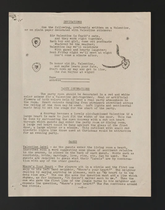 Suggestions for a Valentine Party, full page of text, to read a full transcript, go to the link provided in this post and find the transcript
