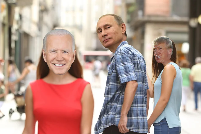 Distracted Boyfriend meme with Putin looking around at Biden while Trump seethes.