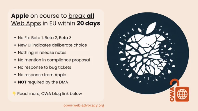 OWA Logo and open-web-advocacy.org with the text: 

Apple on course to break all Web Apps in EU within 20 days

No Fix: Beta 1, Beta 2, Beta 3
New UI indicates deliberate choice
Nothing in release notes
No mention in compliance proposal
No response to bug tickets
No response from Apple
NOT required by the DMA

 👇 Read more, OWA blog link below