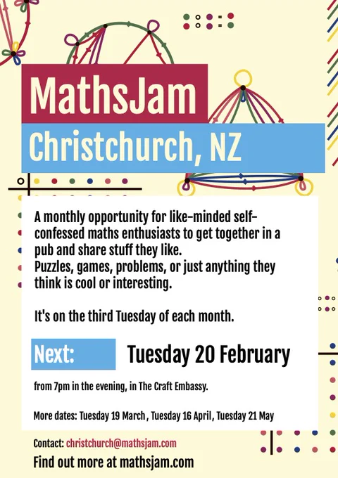 MathsJam poster for Christchurch (NZ) MathsJam. It reads:

"A monthly opportunity for like-minded self-confessed maths enthusiasts to get together in a pub and share stuff they like.
Puzzles, games, problems or just anything they think is cool or interesting.

It's on the third Tuesday of each month.

Next: Tuesday 20 February, from 7pm in the evening, in the Craft Embassy.
More dates: Tues 19 March, Tues 16 April, Tues 21 May.

Contact: christchurch@mathsjam.com. 
Find out more at mathsjam.com"
