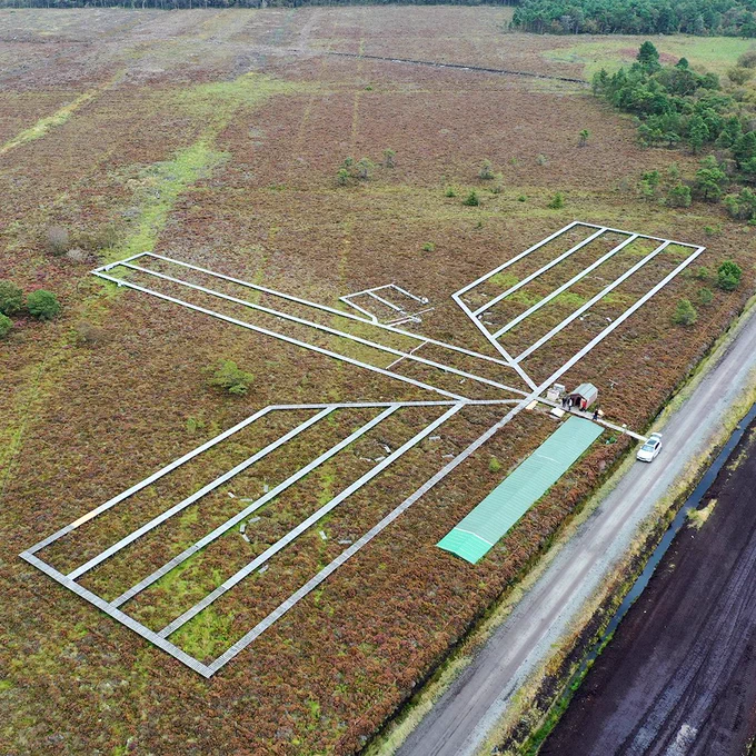 Aerial view over a series of boardwalks placed across a peatland bog site