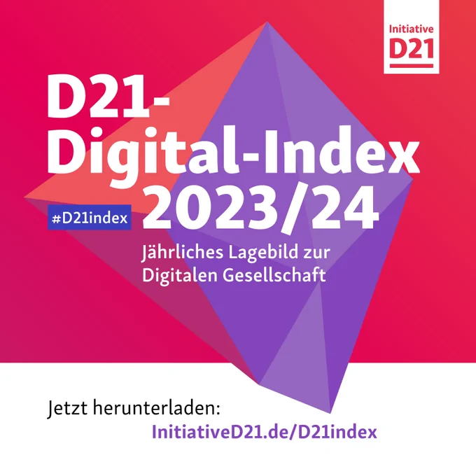 Sharepic. D21-Digital-Index 2023/23. Jährliches Lagebild zur Digitalen Gesellschaft. Jetzt herunterladen: InitiativeD21.de/D21index