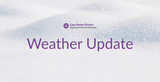 CBVRCE logo at top. Text reads: Weather Update. Background is white snow.