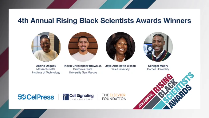 Banner showcasing the 4 winners of the 4th annual Rising Black Scientists Awards Akorfa Dagadu, Kevin Christopher Brown Jr., Jaye Antoinette Wilson, and Senegal Mabry