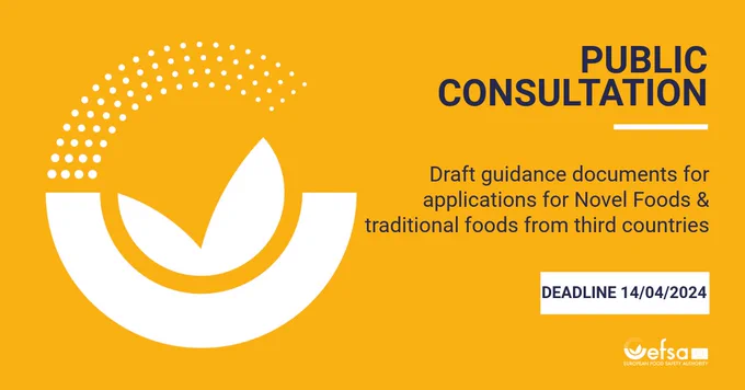 Card saying "Public consultation - Draft guidance documents for applications for Novel Foods & traditional foods from third countries"
Deadline: 14/04/24