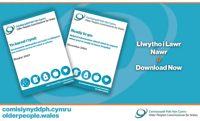 Graphic advertising the hospital discharge leaflet with the front covers of the report in English and Welsh