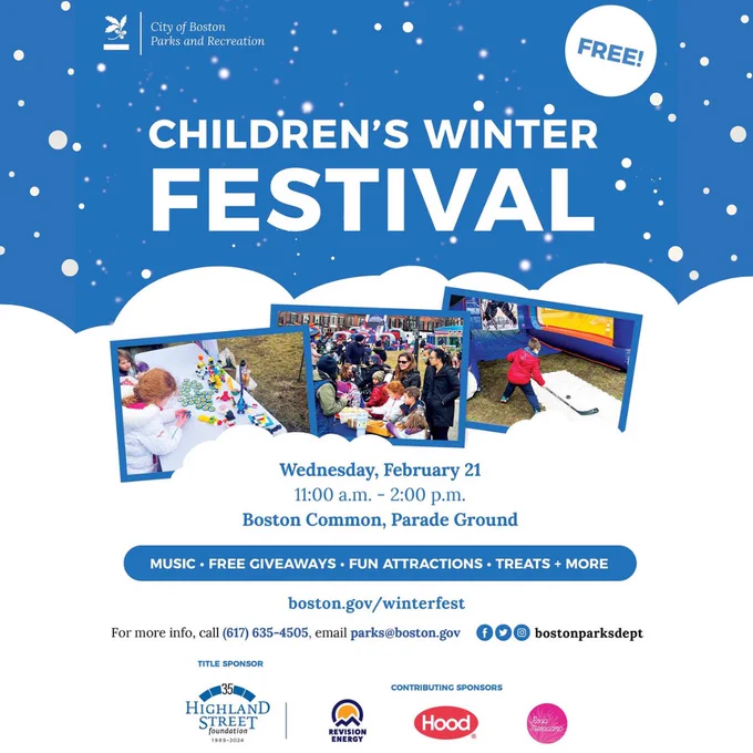 Graphic with images from previous celebrations: children playing hockey, painting, and having fun; with text: music, giveaways, treats, and more! 