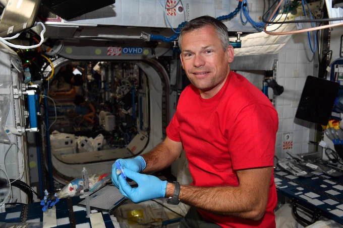 ESA astronaut Andreas Mogensen performing the Immunity Assay experiment on the International Space Station.