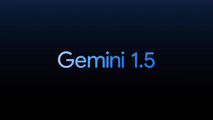 Gemini logo, which is a blue ombre diamond sits above the text that reads  “Introducing Gemini 1.5” on a black background.