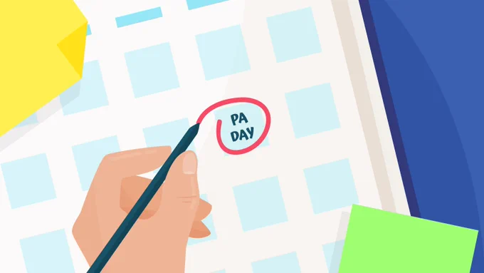 An illustration of a calendar with a hand circling 'PA Day.'