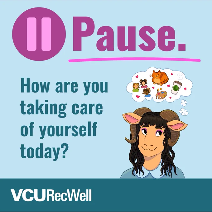 A Ram with a thought bubble of what they’re grateful for: friends, their cat, art, and a hot drink. Caption: How are you taking care of yourself today?
