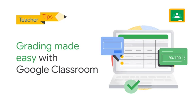 Design of a Chromebook with Google Sheets for grading. To the left of this, the text reads, “Grading made easy with Google Classroom”