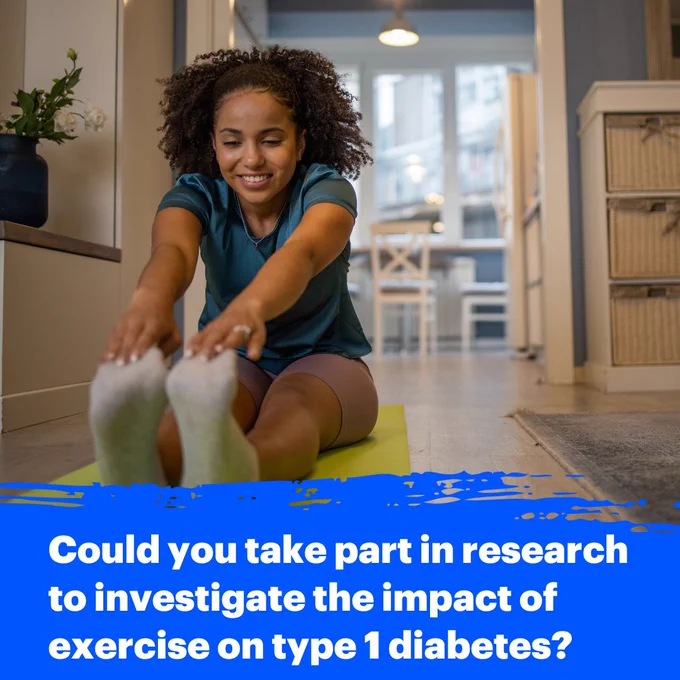 Woman smiling and sitting on an exercise mat as she stretches to touch her toes. Text reads: Could you take part in research to investigate the impact of exercise on type 1 diabetes? 