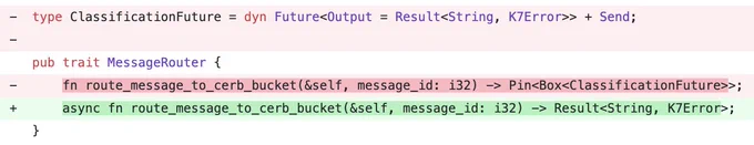 Screenshot of a git diff showing the removal of a verbose and tricky to read custom return type with a single beautiful async keyword. 