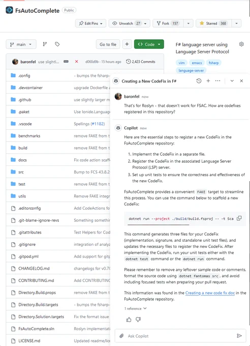 A screenshot of the FsAutoComplete repository on Github. A Copilot chat prompt is open and I've asked Copilot how to create a CodeFix. Copilot has responded with a few paragraphs outlining the process, and linking to resources and locations in the repo to get started.