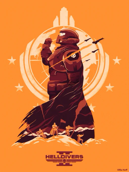 An orange poster, with a brown Helldivers soldier looking side on saluting. Within their floating cape, is a small team of four of them in a warzone. 