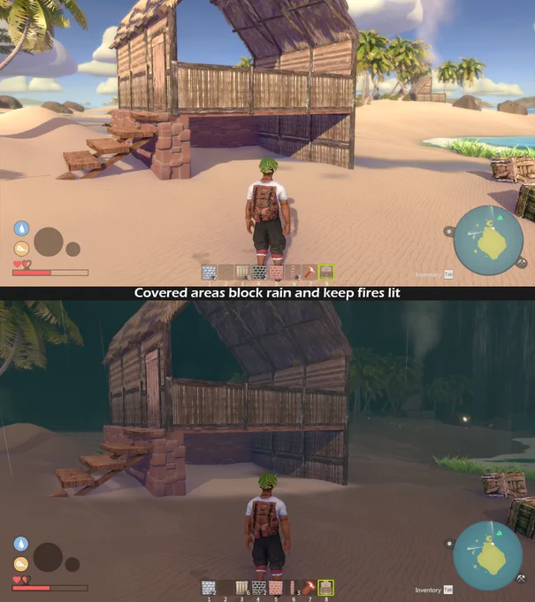 Two images next two each other.  One shows dry ground everywhere and a house structure, the other shows the same structure but the ground is wet everywhere except below the house where rain can't reach the ground in the realtime fluid sim.