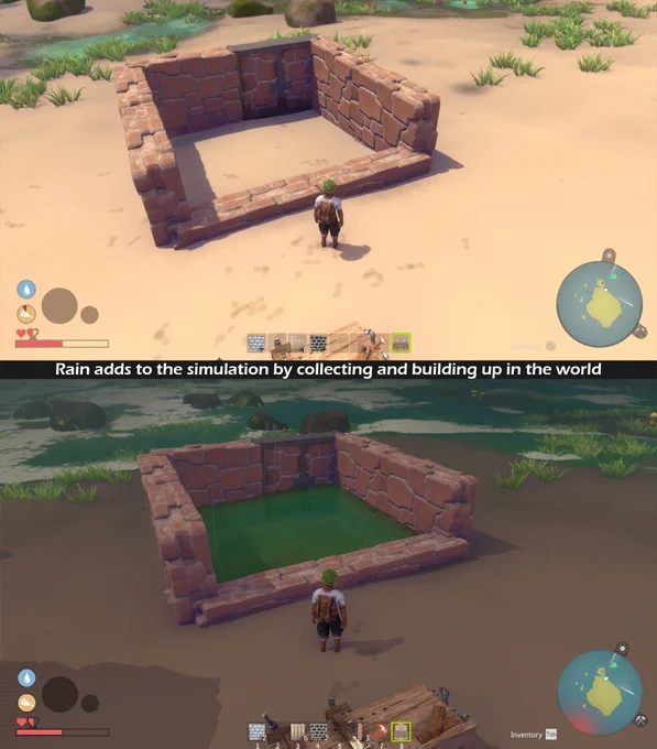Two images next two each other.  One shows a empty water basin, the other shows the same basin filled with water where the rain has added water to the realtime fluid sim.