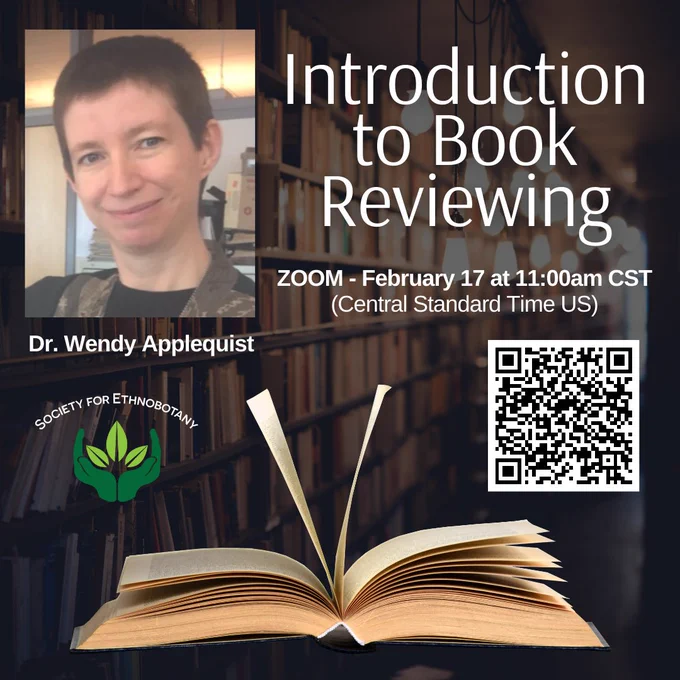 This image is a flyer for Dr. Wendy Applequist’s Zoom Event, “Introduction to Book Reviewing” which takes plac on February 17, 2024 at 11am CST. To register visit: https://us02web.zoom.us/meeting/register/tZcsdOusqTIjH9XwRsaxPI2ggNmzgVG1P1ml
