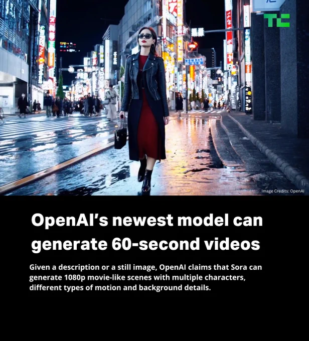 OpenAI's newest model can generate 60-second videos. Given a description or a still image, OpenAI claims that Sora can generate 1080p movie-like scenes with multiple characters, different types of motion and background details.