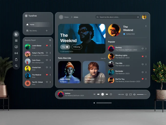 Introducing TuneTrek – an exceptional music player app that reimagines the auditory experience with the innovative Spatial UI Design concept, crafted exclusively for the Apple Vision Pro product line.