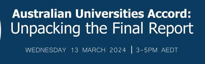 Banner shares information: 
Australian Universities Accord: Unpacking the Final Report
Wednesday 13 March 2024, 3-5pm AEDT
Free and online
www.ephea.org/accord
Organised by: UTS Centre for Social Justice and Inclusion and Equity Practitioners in Higher Education Australasia