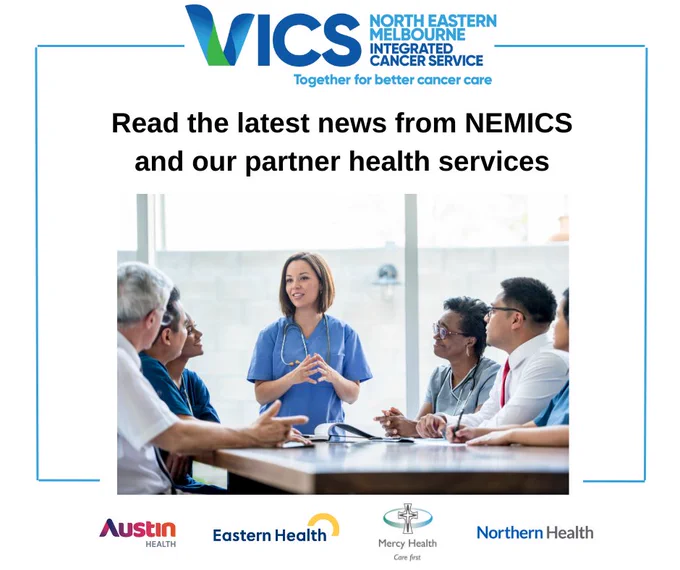 Image of health professionals talking. The text says read the latest news from NEMICS and our partner health services 